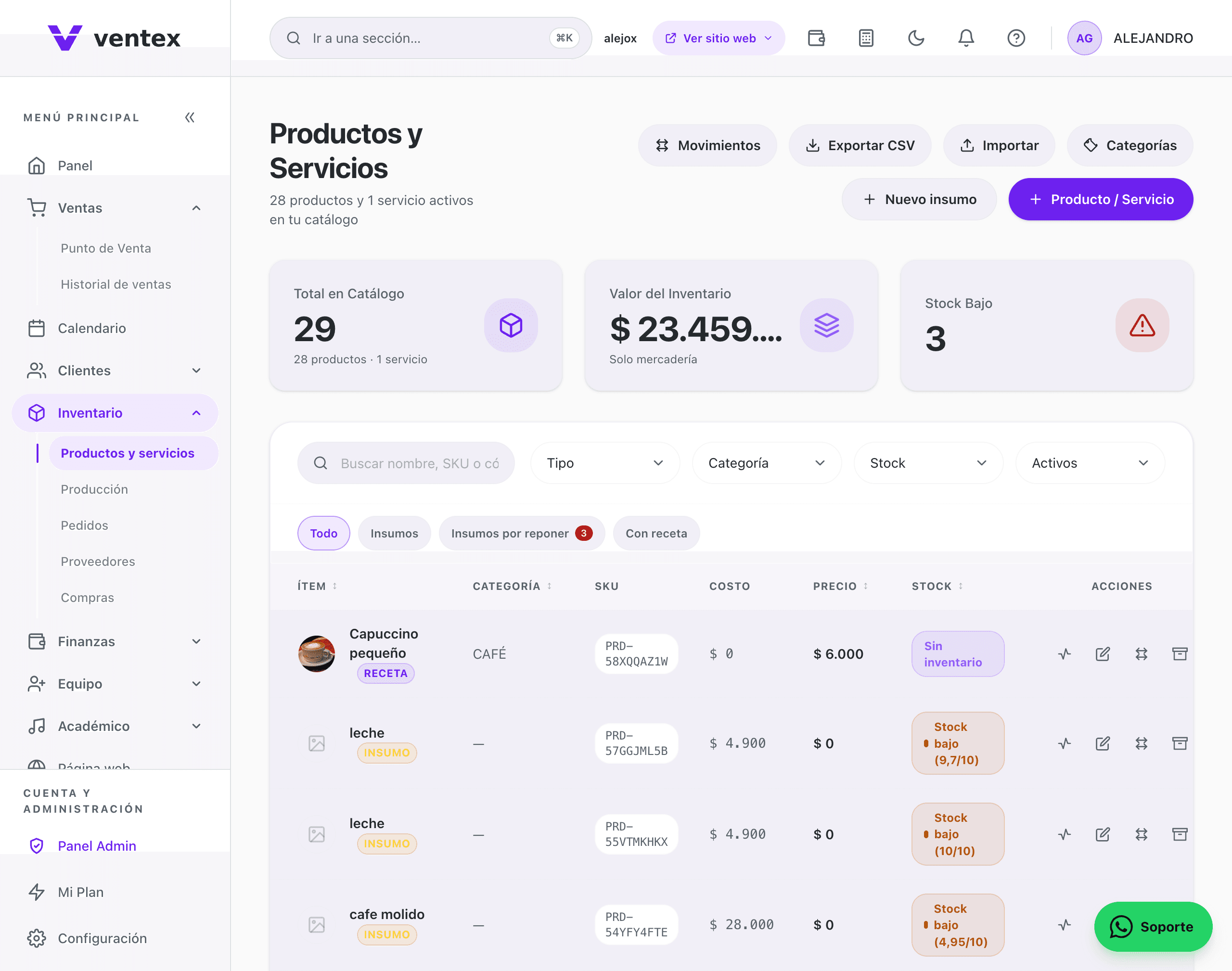 Ventex inventory with filters, product types and stock status